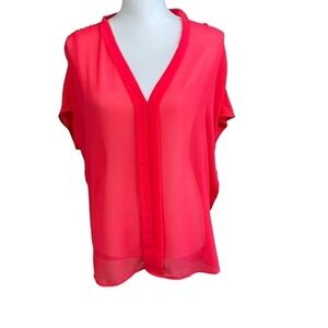 Victoria's Secret Sheer Coral Pink Neon Short Sleeve V neck blouse Size M
